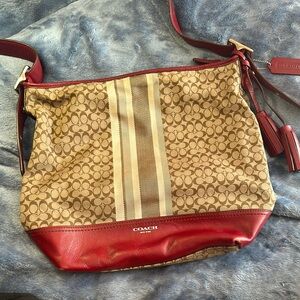 Coach Red and Brown Shoulder Bag with Monogram Pattern